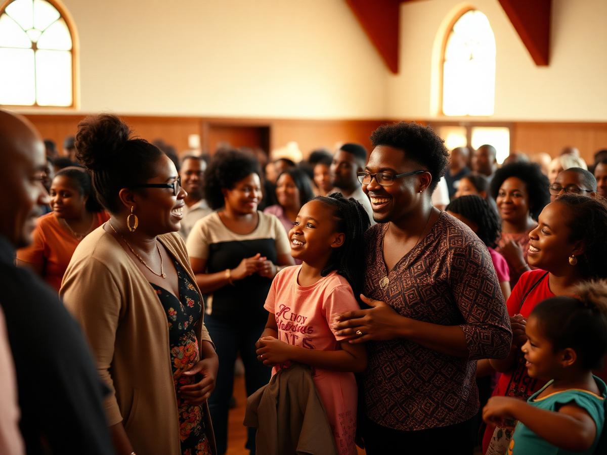 A church community greeting one another after a service
