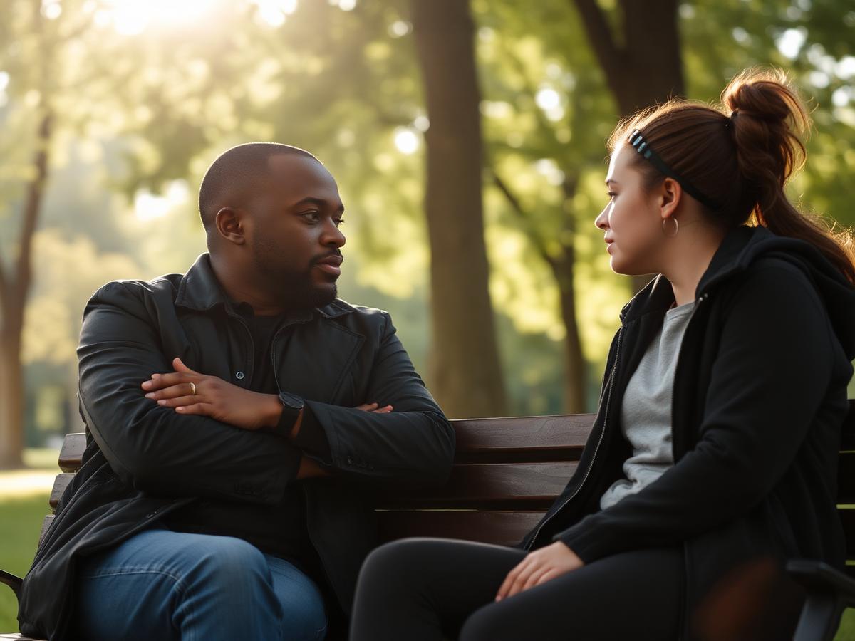 A mentor listening closely to a teenager on a park bench