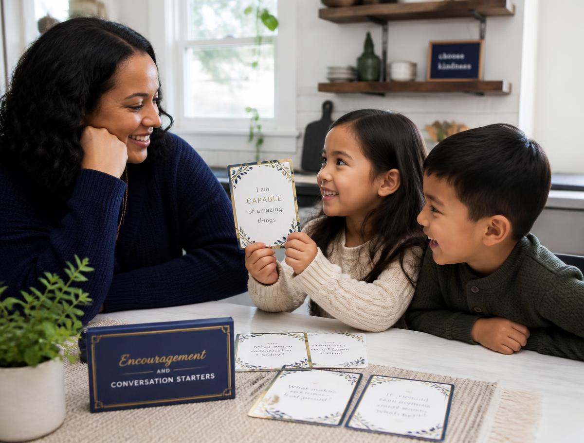 A parent and children using the Ripple Starter Kit encouragement and conversation cards at a table